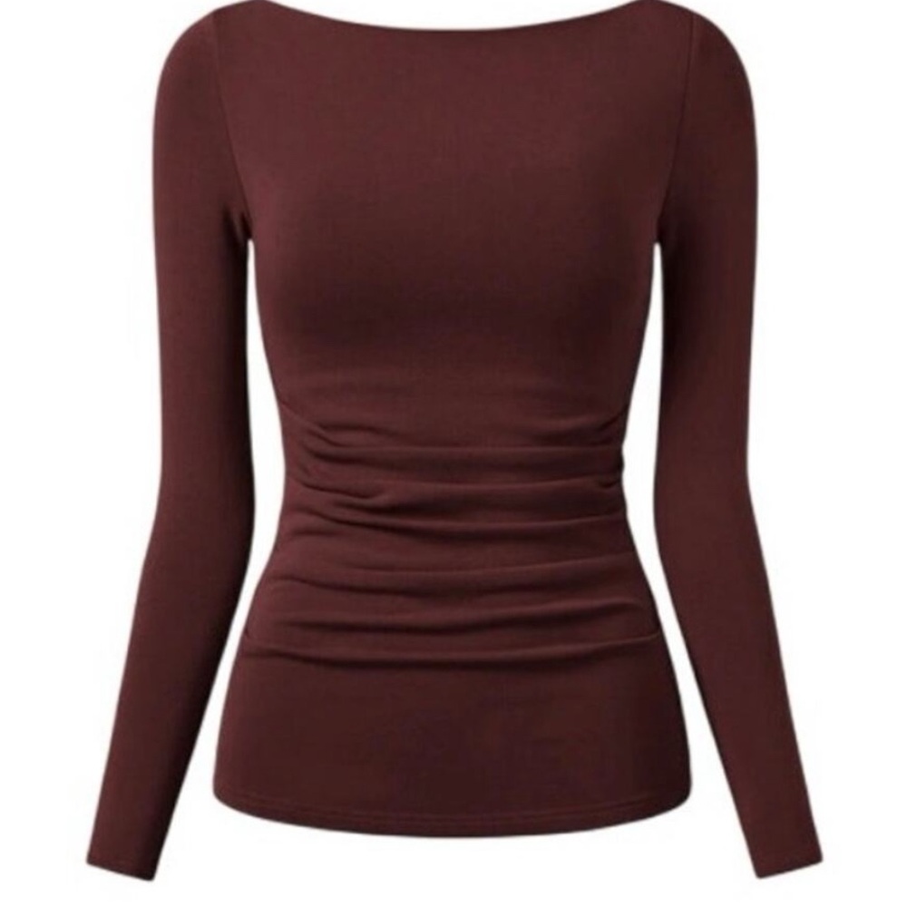 OGL Maroon Boatneck Ruched Fitted Top